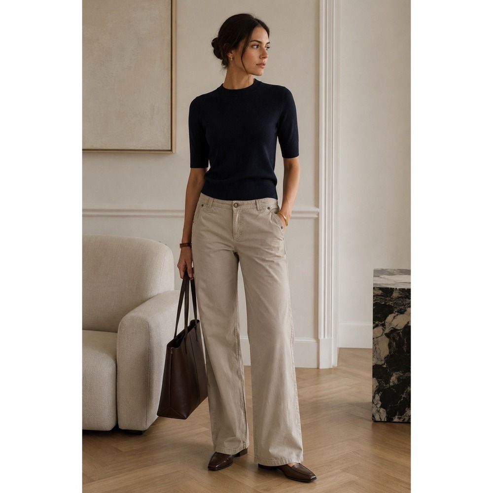 Escada Sport Sz 44 US 14 Khaki Pants Straight Wide Leg Quiet Luxury Flap Pockets